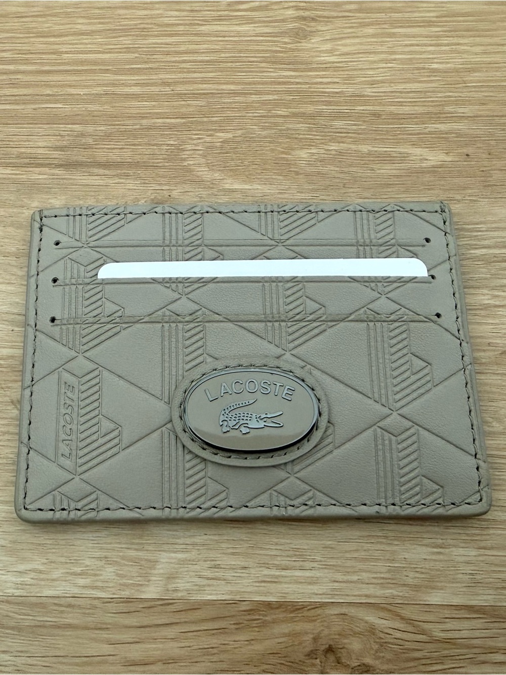 Lacoste Taupe Embossed Leather Card Holder